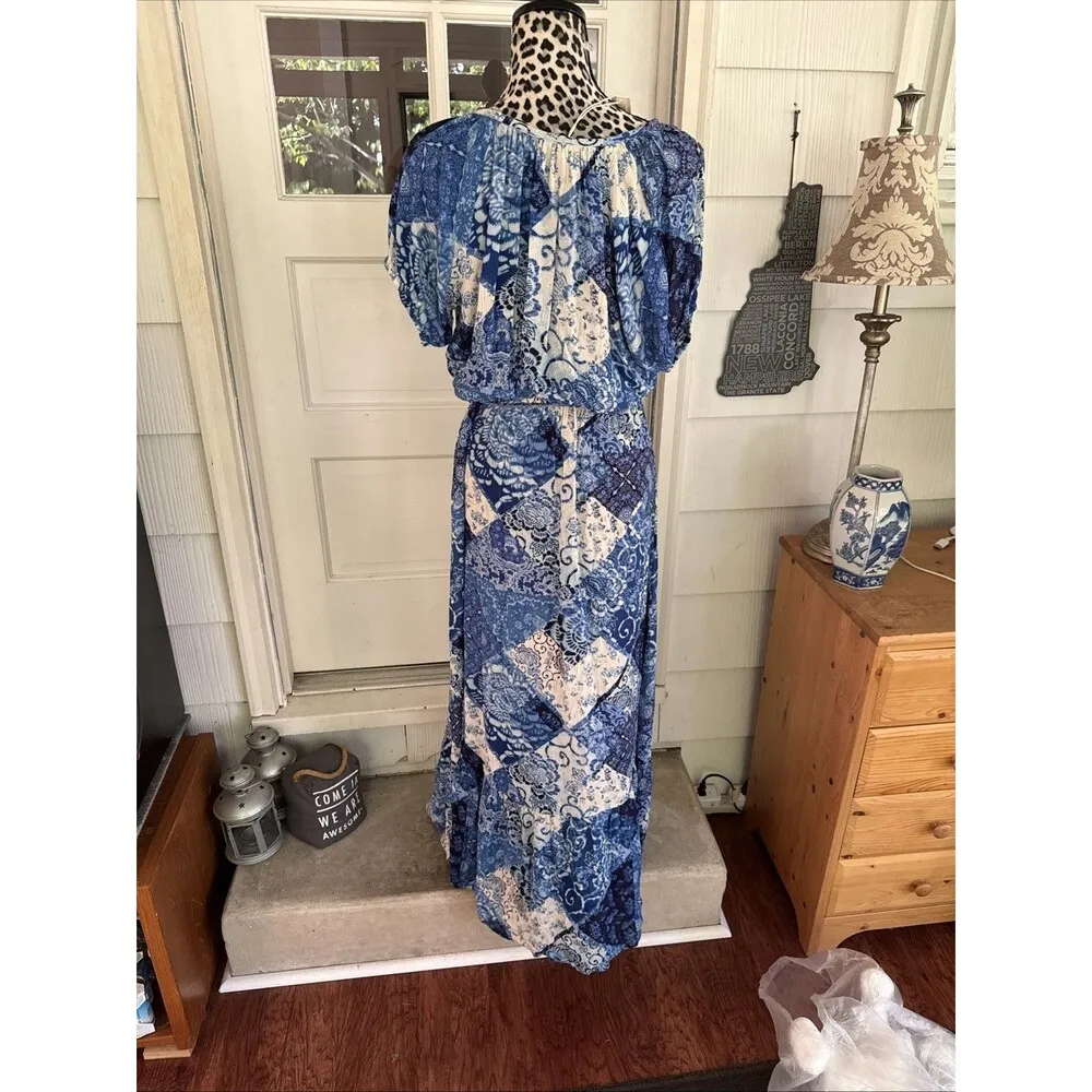 Love Stitch Bedford Patchwork maxi dress Blue Short Sleeve Tasselled Size M New - Image 14
