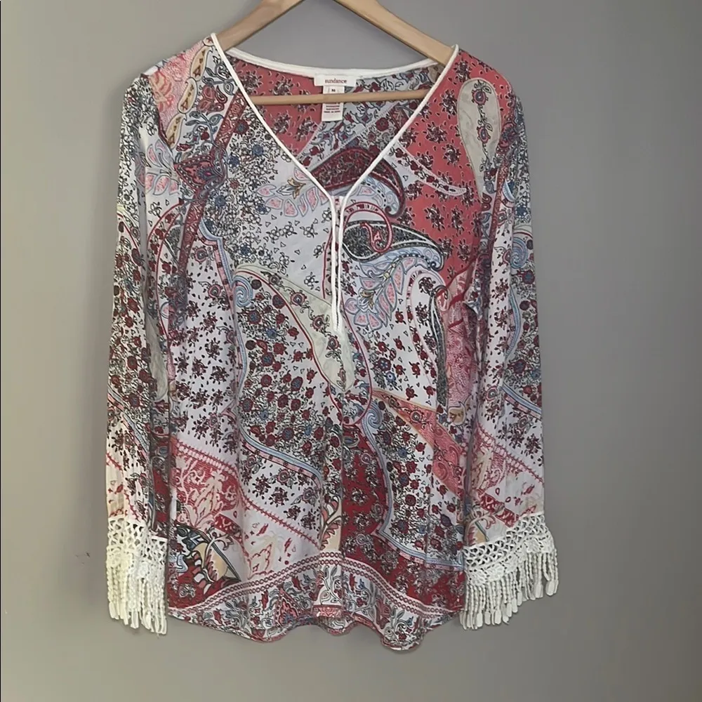 Sundance Terraza Paisley V-Neck Long Sleeve Crochet Fringe Blouse Boho Size M - Image 2