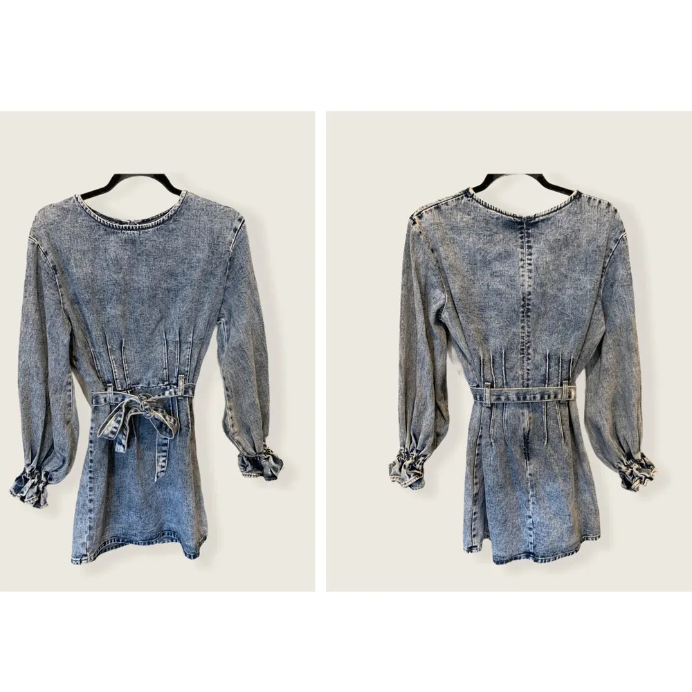 Redial Vintage Acid Wash Denim Collection Puff Sleeve Belted Dress (S) - Image 3