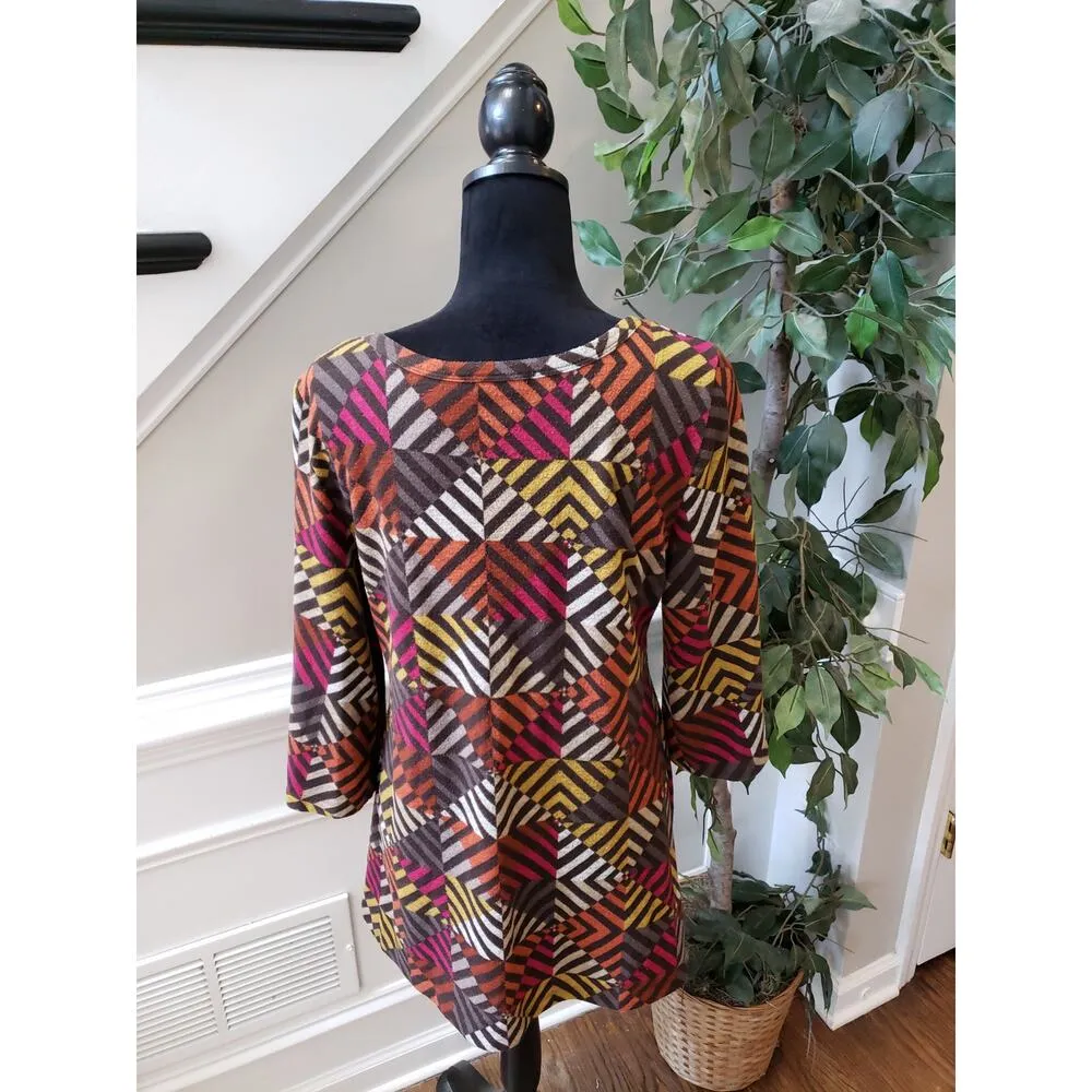 Women's One World Multicolor Tunic Top L Boho V Neck 3/4 Sleeve Stretch Knit - Image 7