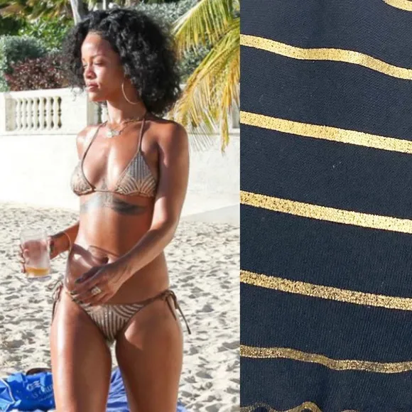 Charlie By MZ Striped Foil Halter String Triangle 2 Piece Bikini Set: Black Gold Size XS - Image 2