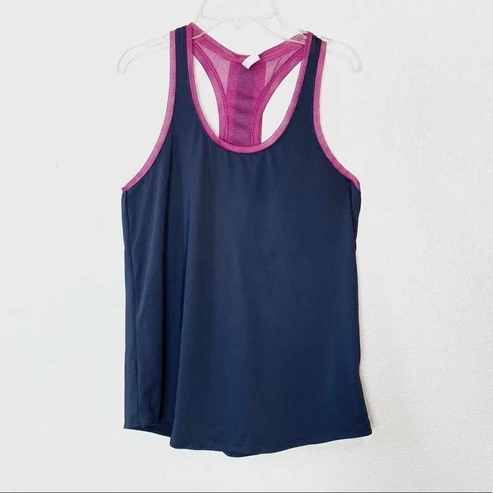 Fabletics Grey & Pink Mesh Layered Racerback Athletic Tank Top - Image 3