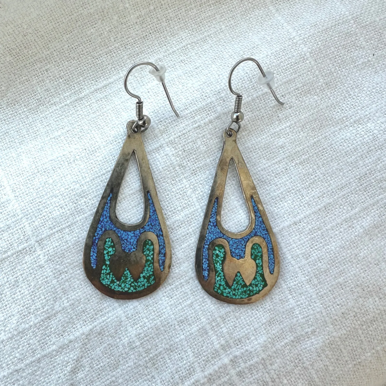 Vintage‎ Alpaca Mexico Teardrop Earrings Blue Green Inlay Southwestern Turquoise - Image 6