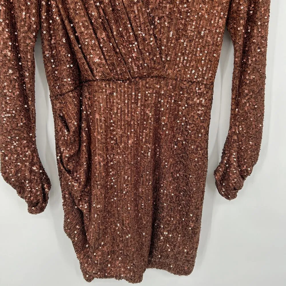 Ronny Kobo Jane Dress Sequined Knit Mock Neck Mini Dress in Brown Size XL - Image 8