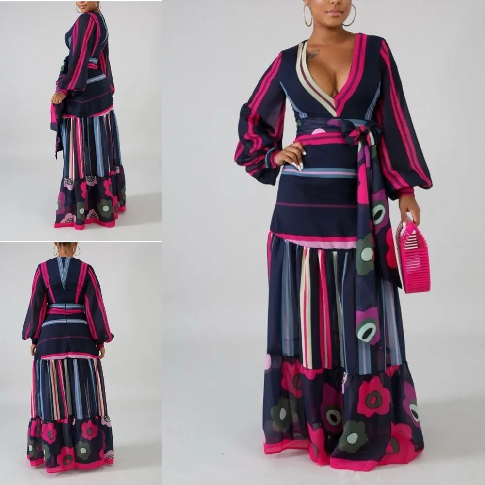 L'ATISTE MULTI COLOR STRIPE ANS FLORAL CHIFFON ROSY MAXI DRESS SIZE: M PINK BLUE - Image 6