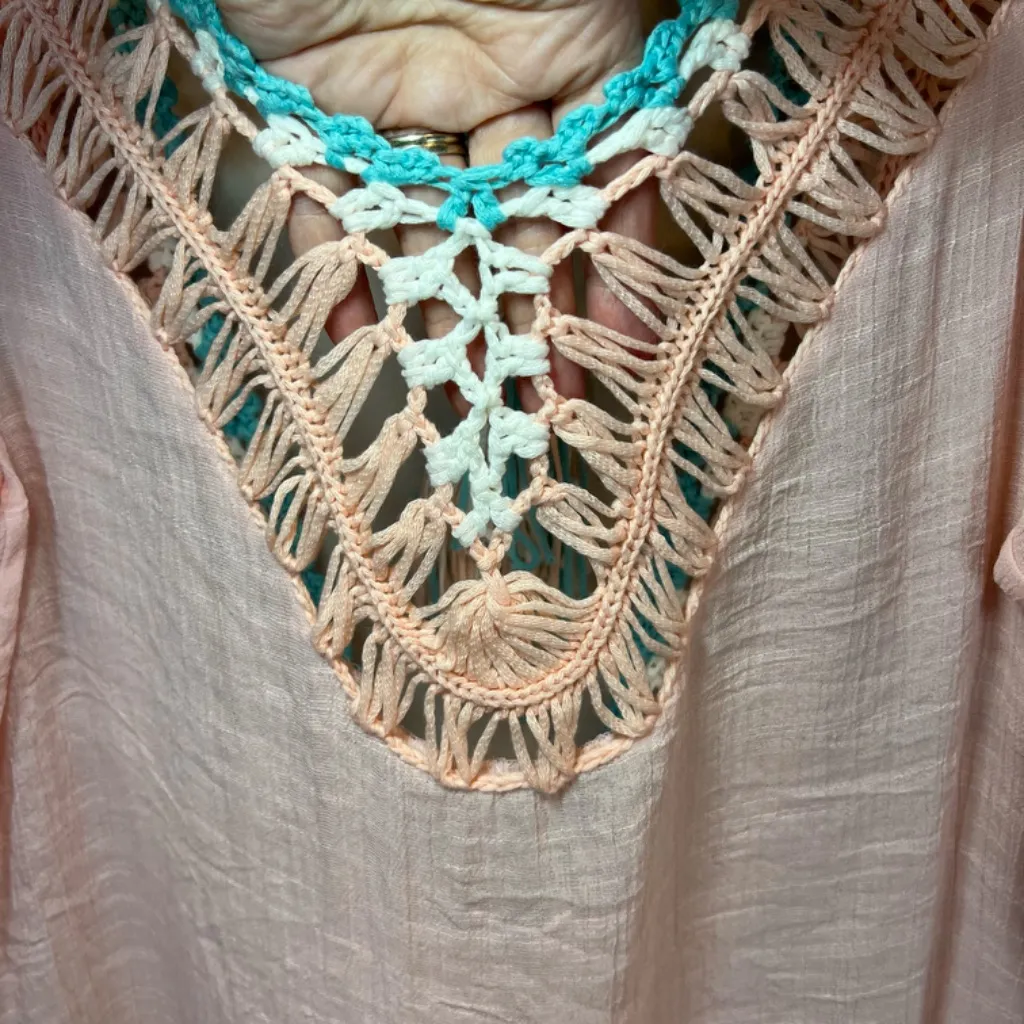 Pom Pom Crochet V-Neck Cover-Up Dress Swim Peach Open Tie Back Lightweight Large - Image 5