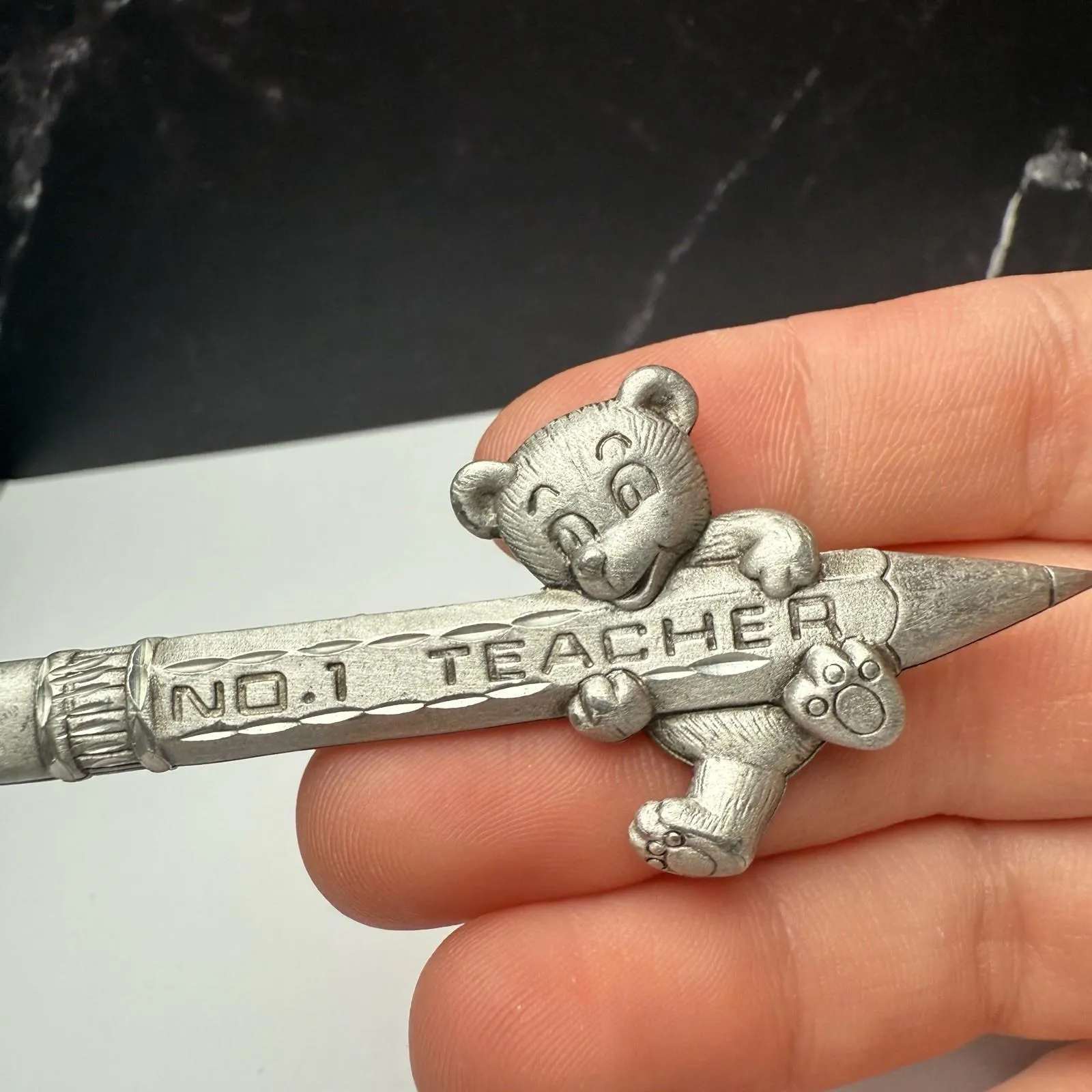 Signed JJ No. 1 Teacher Pencil With Teddy Bear Brooch Pin Jonette Jewelry Silver - Image 9