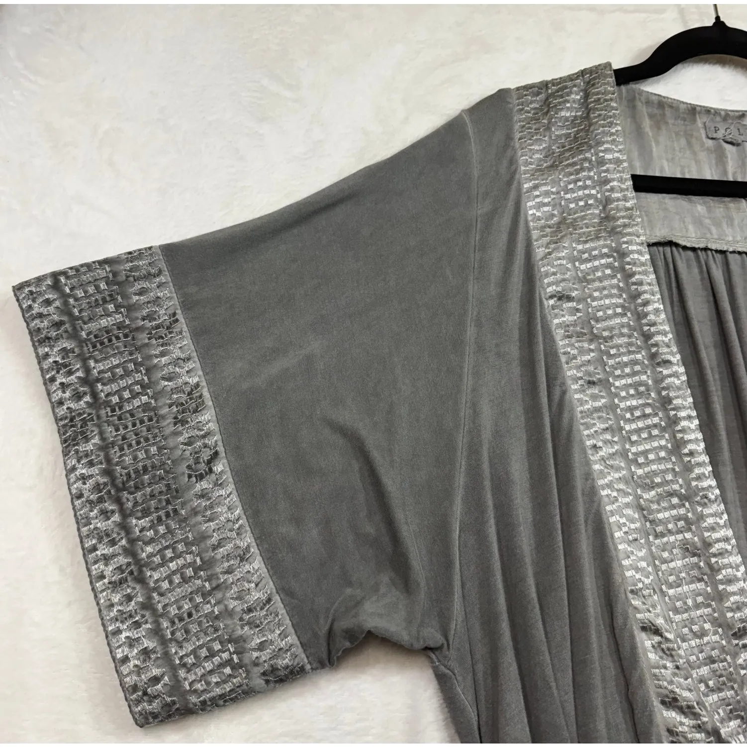 POL L Gray Boho Open Front Embroidered Kimono Cardigan Coastal Minimalist Hippie - Image 2
