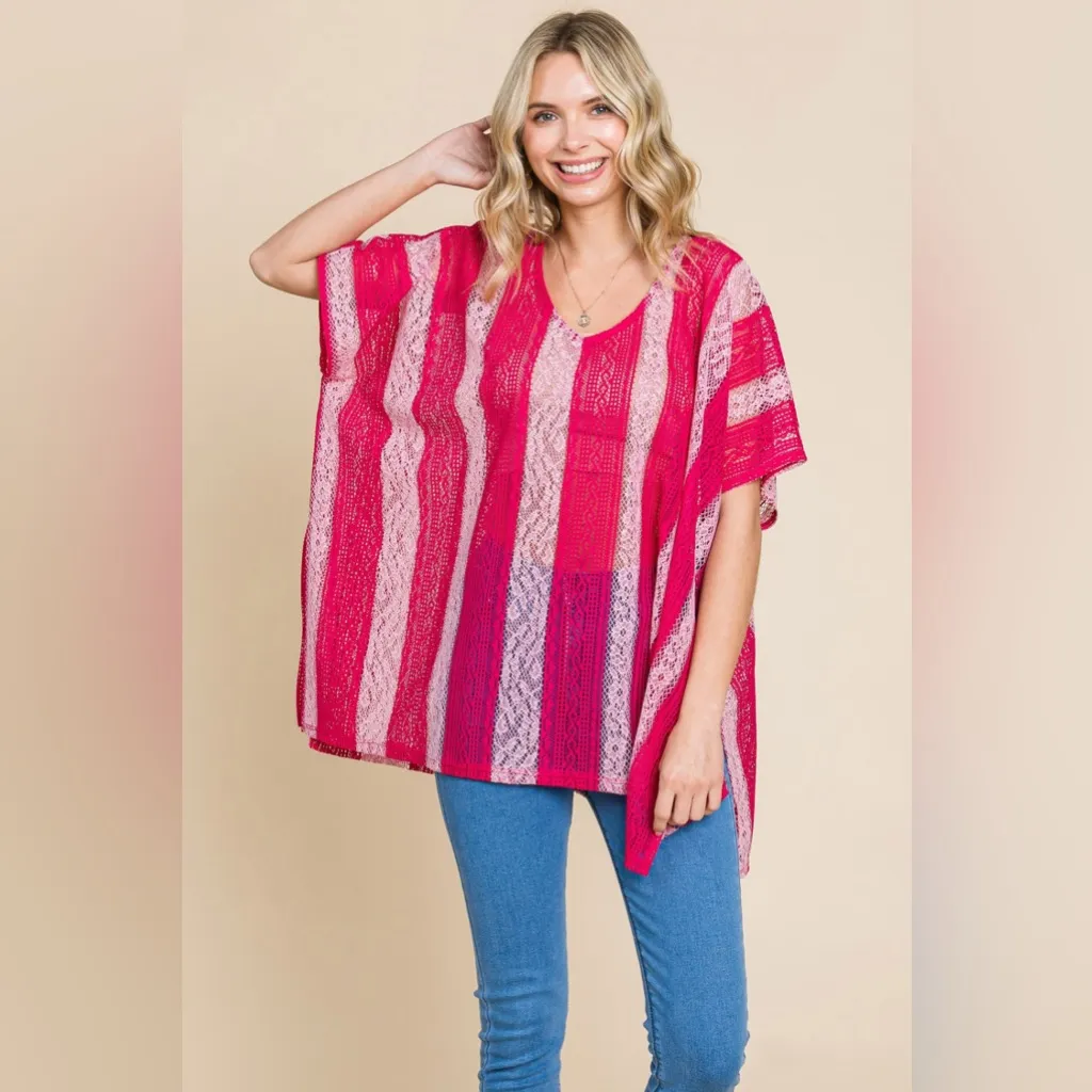 NWOT Cotton Bleu by Nu Label V Neck Drop Shoulder Oversize Top Fuchsia Sz Small Pink - Image 4