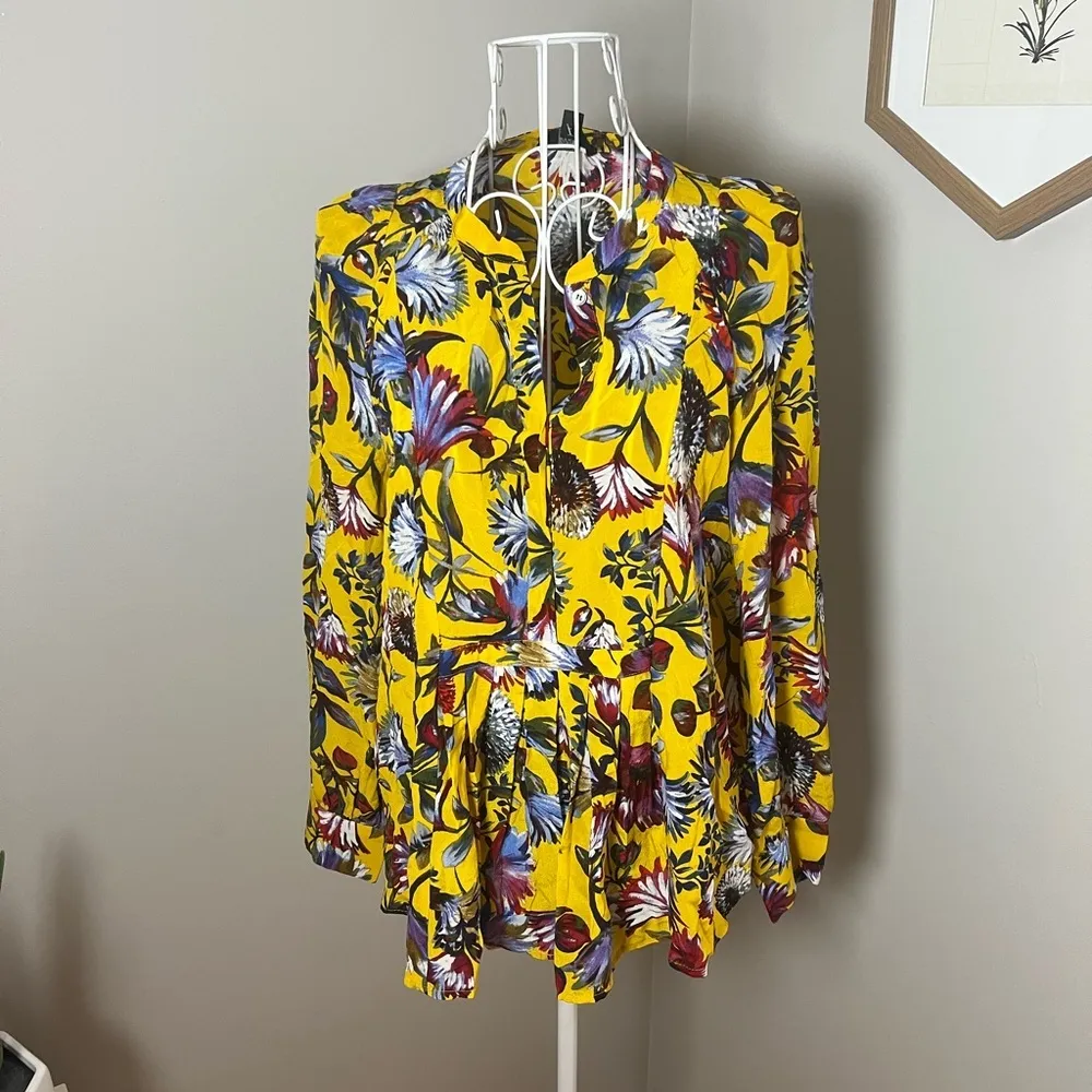 J Crew 100% Silk Autumn Color Pleated Popover Top Blouse Gold Floral Print XS - Image 3