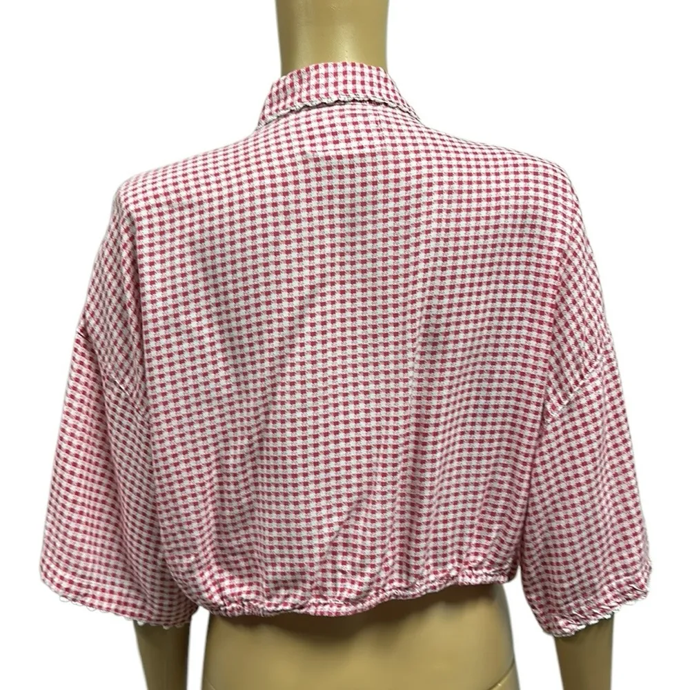 Vintage 80s Jordache Rayon Button Up Tie Front Plaid Short Sleeve Crop Blouse M - Image 4