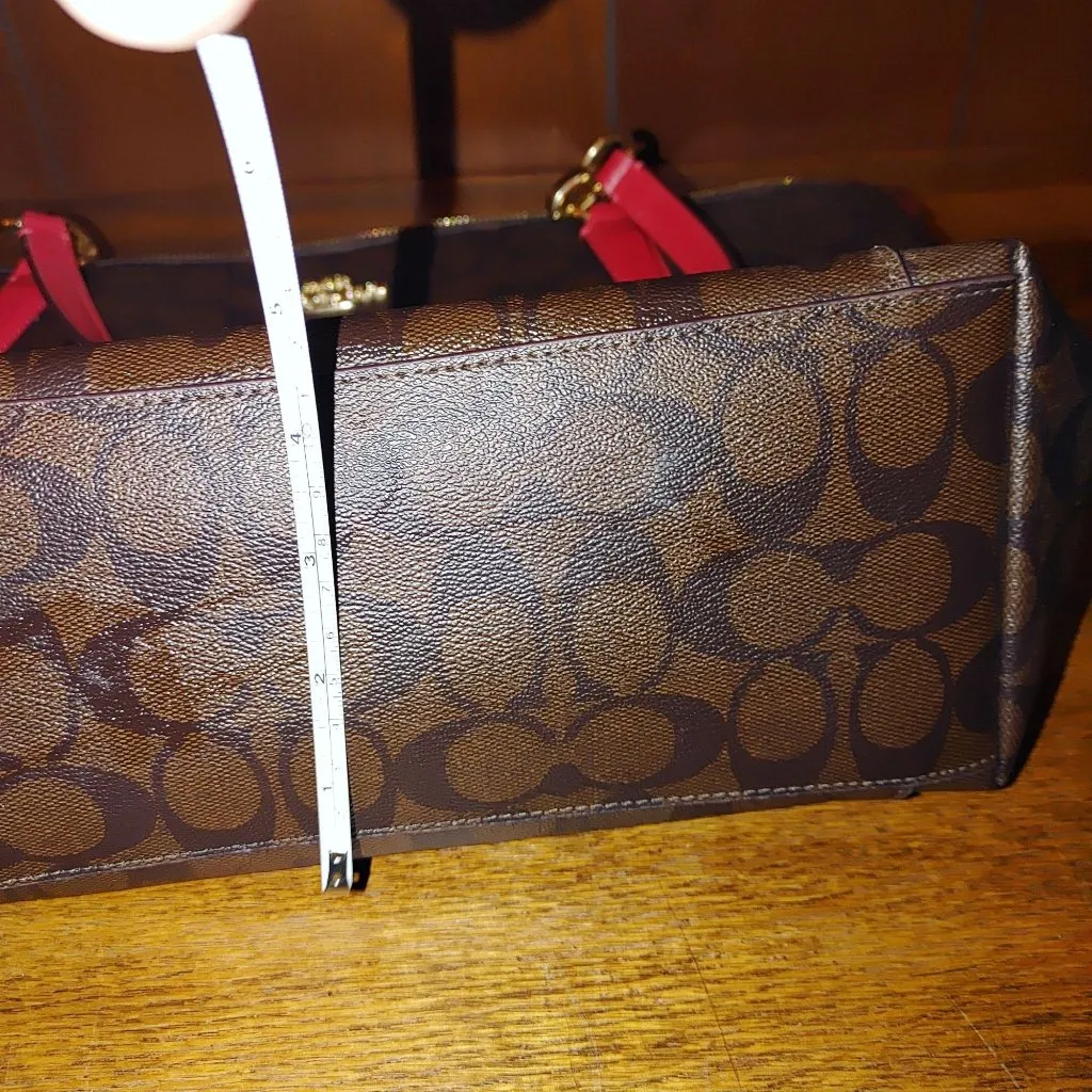 Coach Ava Tote Signature Canvas Brown Red Tote Bag Gold Tone Hardware Zip Dual - Image 12