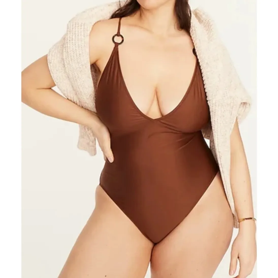 NEW J.Crew O-ring V-neck one-piece Swimsuit Size 22 Brown Plus Size - Image 2