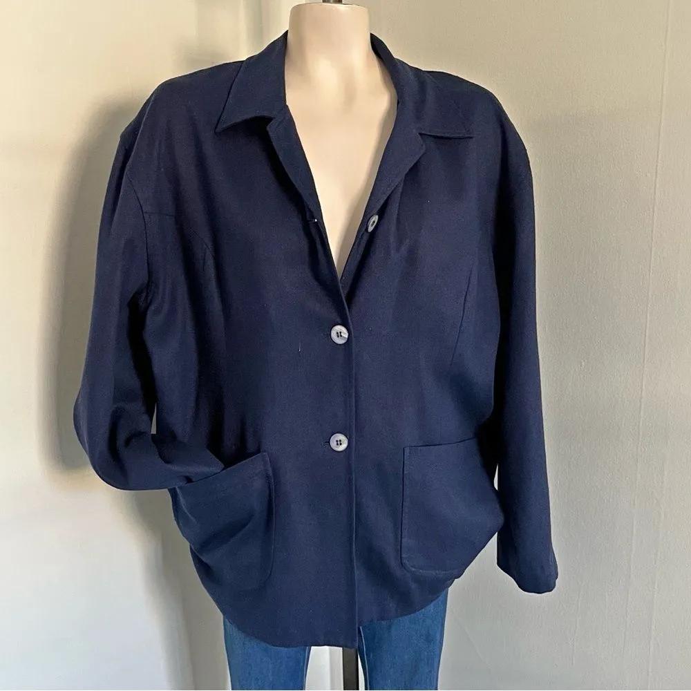 Vintage 90s Navy Silk Button Front Jacket Relaxed Fit Pockets Blue Size L - Image 10