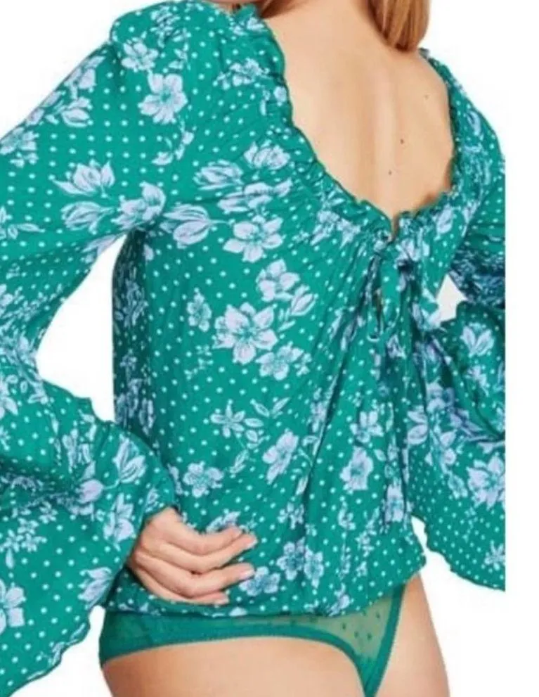 NWT Free People One on One Date bell sleeve polka dot floral Bodysuit emerald - Image 6
