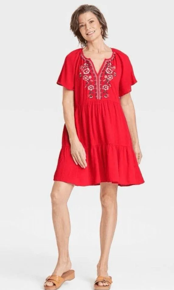 Knox Rose Boho Floral Embroidered Red Swing Dress Casual V-neck Short Sleeve XS - Image 8