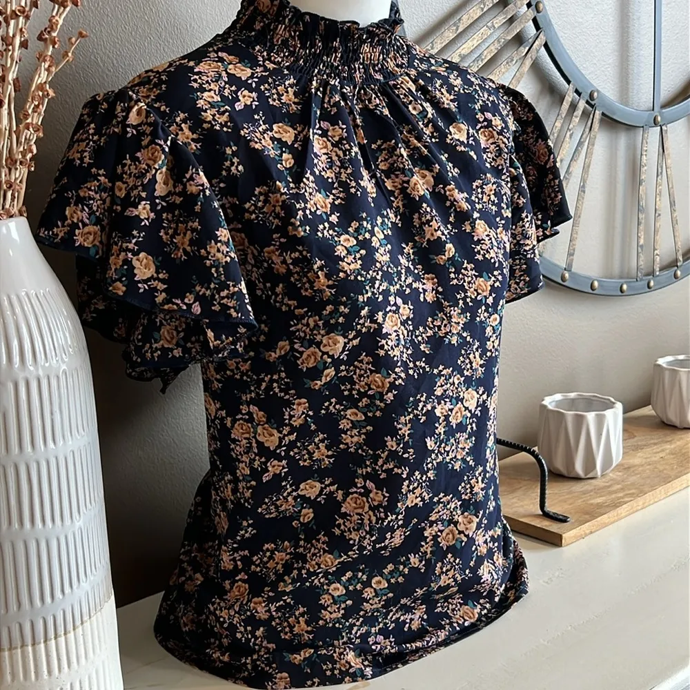 SHEIN Curve Navy Print Flutter Sleeve Stretch Smocked High Neck Top Size 4X - Image 2