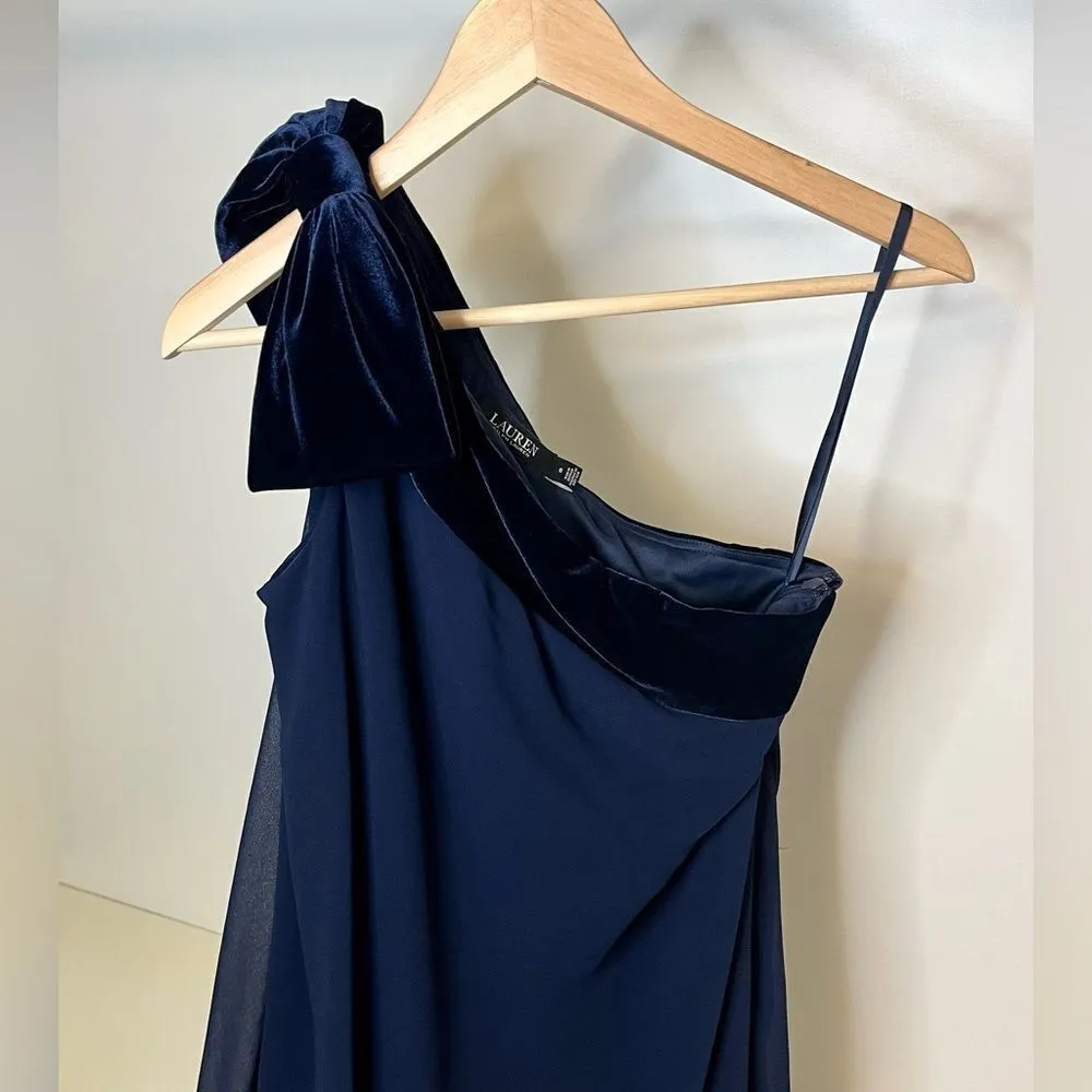 NWT-Lauren Ralph Lauren-Chiffon One-Shoulder Dress- Sz 6 Navy - Image 3