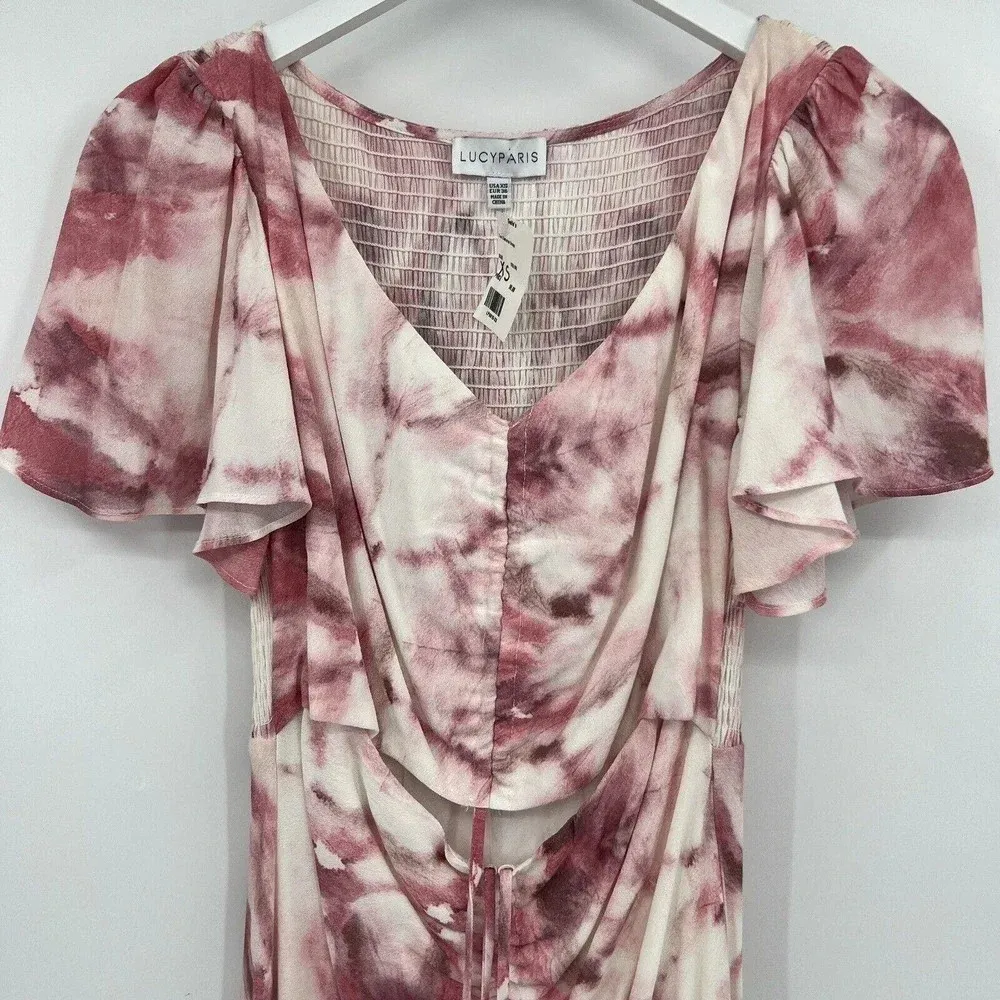 Lucy Paris Pink Tie‎ Fye Drawstring Cutout Midi Dress Smocked Women's Size XS - Image 4