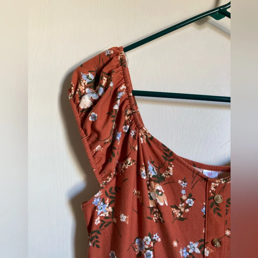 🌞No Boundaries Rusty Brown Floral Cap Sleeves High Low Midi Dress - Image 5