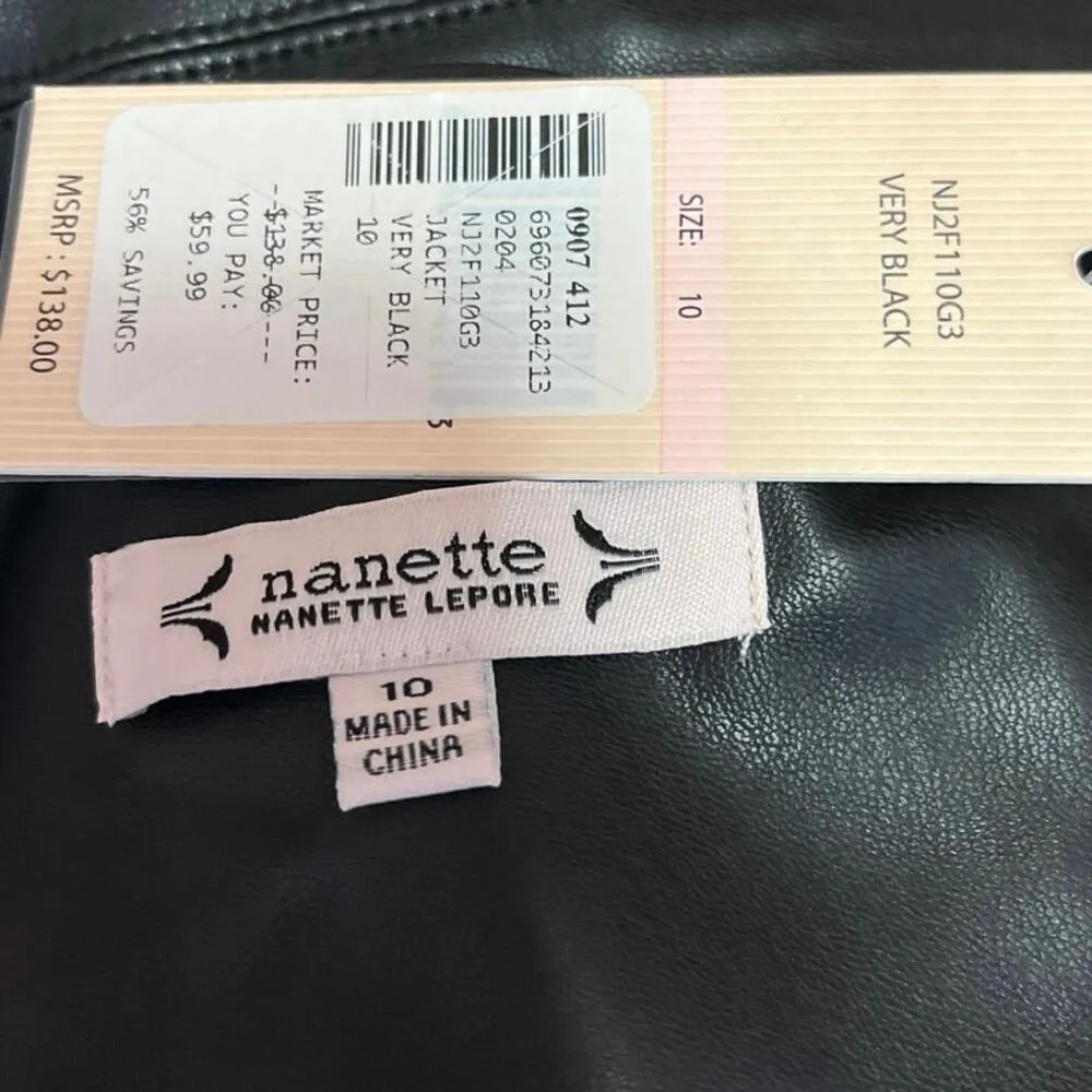 NEW Nanette Lepore Black Faux Vegan Leather Notch Collar Blazer Coat Jacket 10 - Image 4