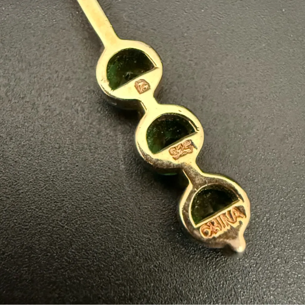 Signed 925 Gold Over Sterling Silver Vermeil Emerald Green CZ Row Drop Pendant - Image 11