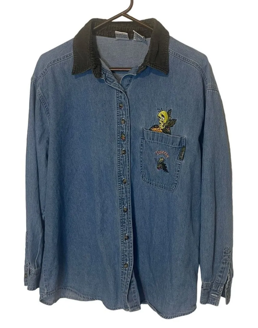 Looney Tunes Vintage 90s Large Tweety Bird Embroidered Denim Button Up - Image 1