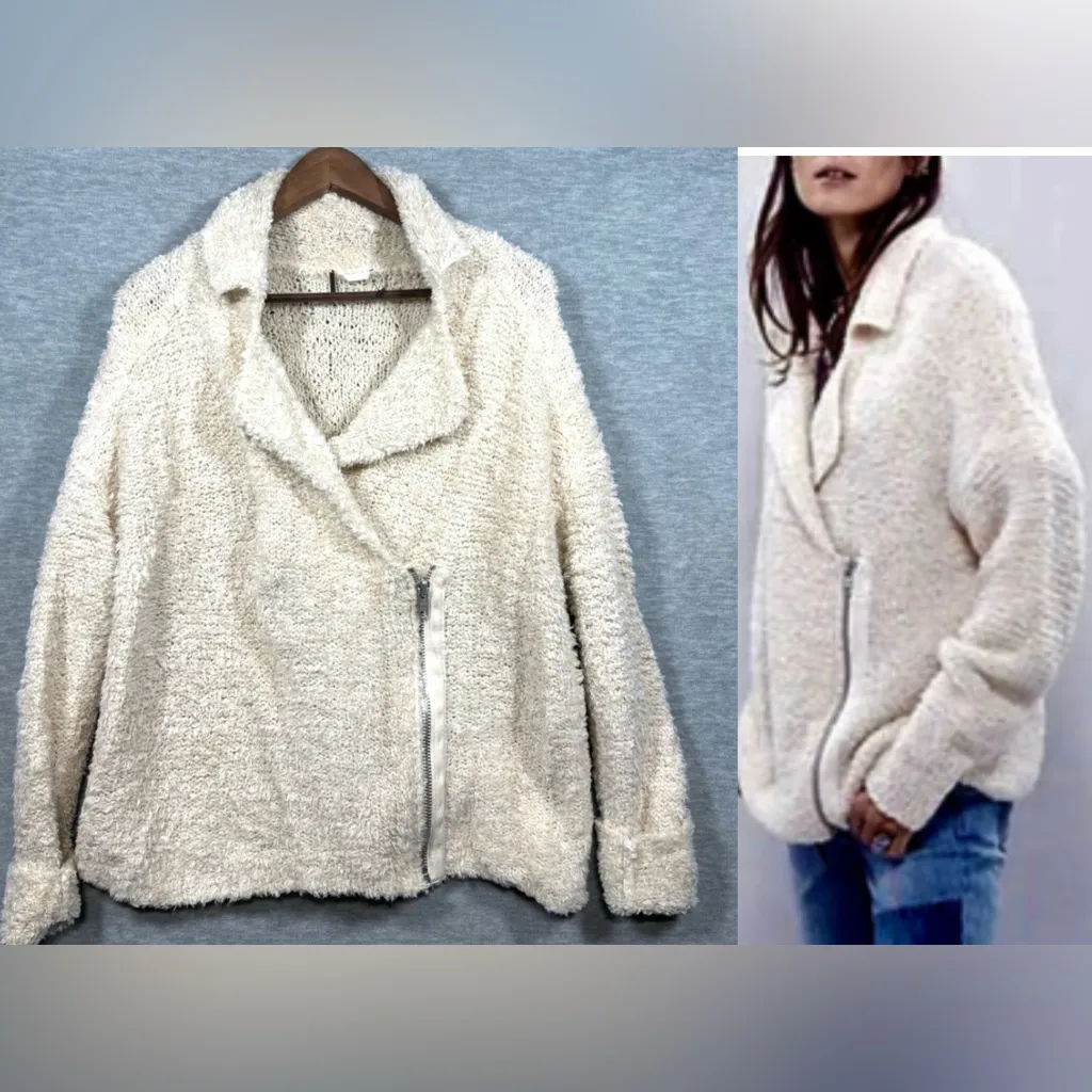 Free People Womens S Sweater Wool‎ Blend Cream Fuzzy Jacket Asymmetrical Zip - Image 2