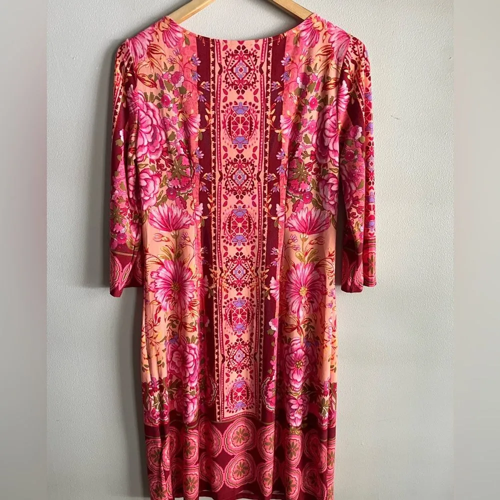 London Times Pink Floral Mosaic Shift Dress Stretch 3/4 Sleeve Size S - Image 8