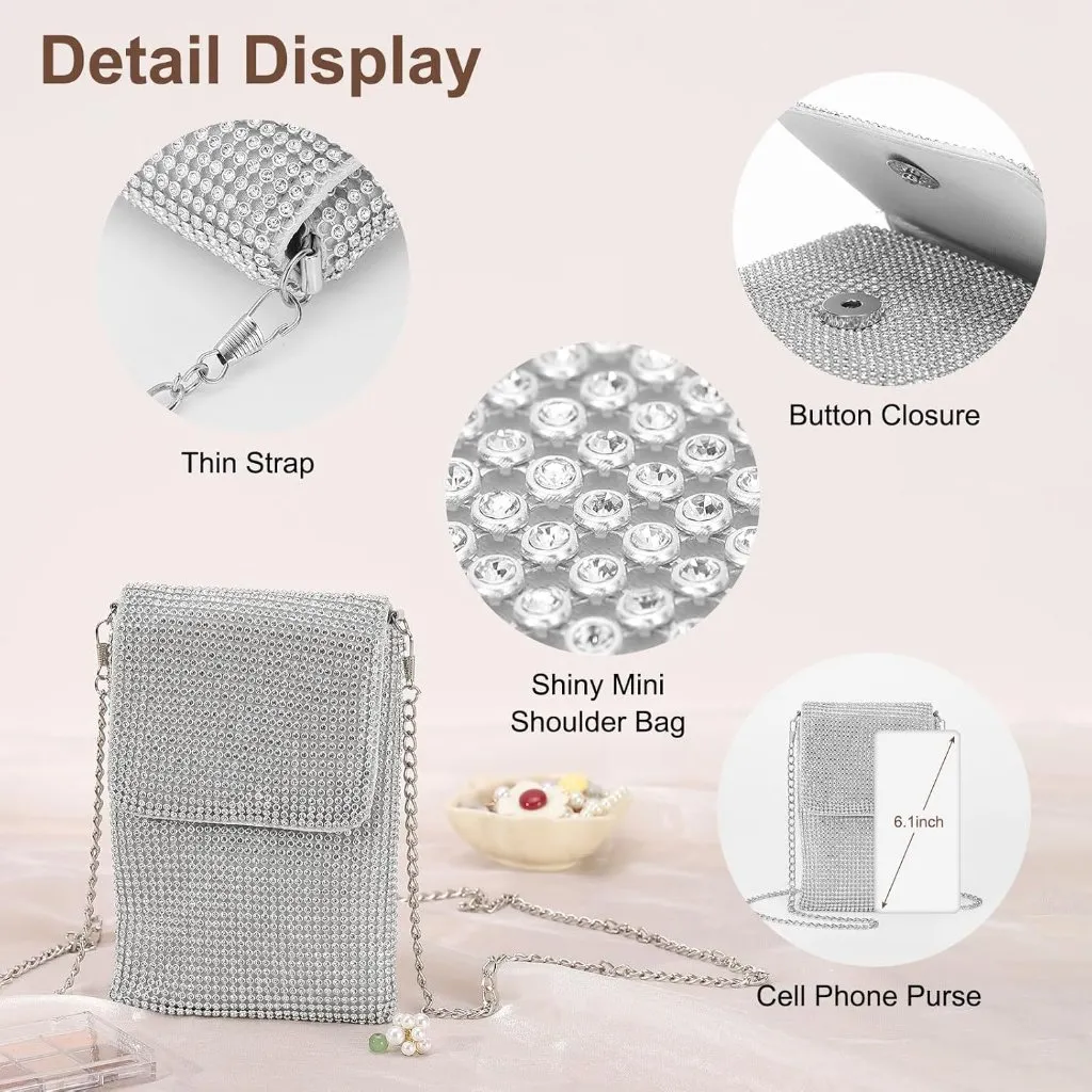 ⚡ Women's Rhinestone Crystal Evening Detachable Shoulder Crossbody Bag Silver - Image 4