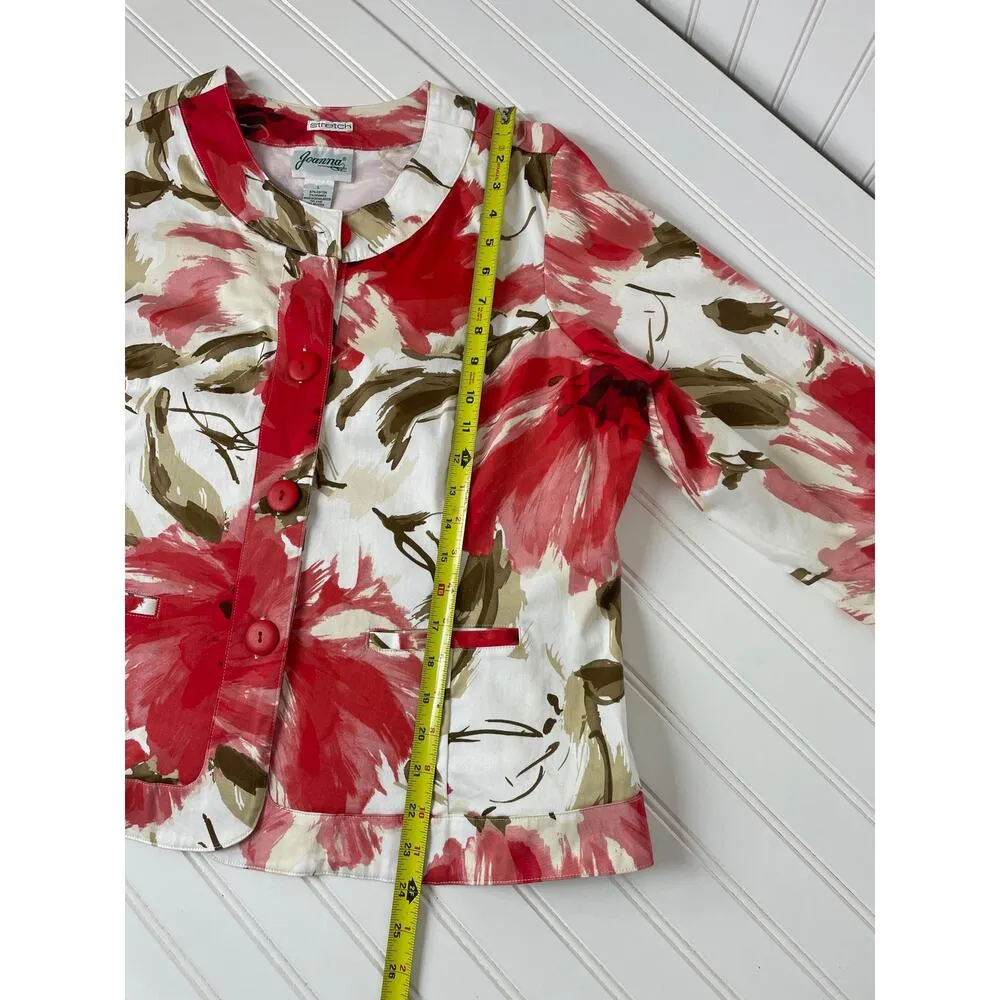 Joanna White & Red Floral Blazer 3/4 Sleeve Stretch Cotton Blend Size L Size L - Image 4
