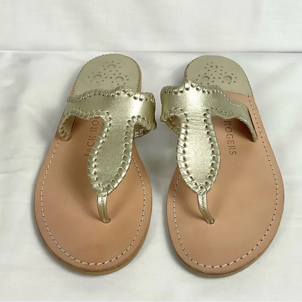 Jack Rogers Jackie Sandals Gold Leather Sz 9.5 M Whipstitch Thong Flip-Flop - Image 3