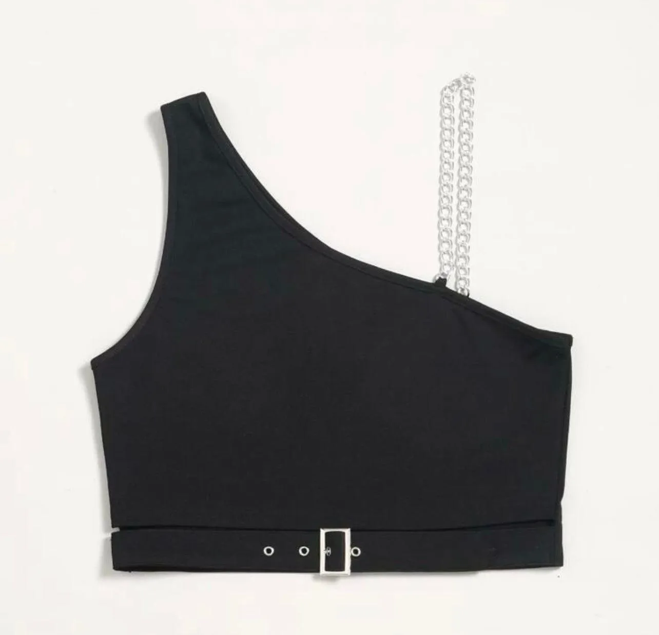One Shoulder Chain Crop Top Black - Image 2