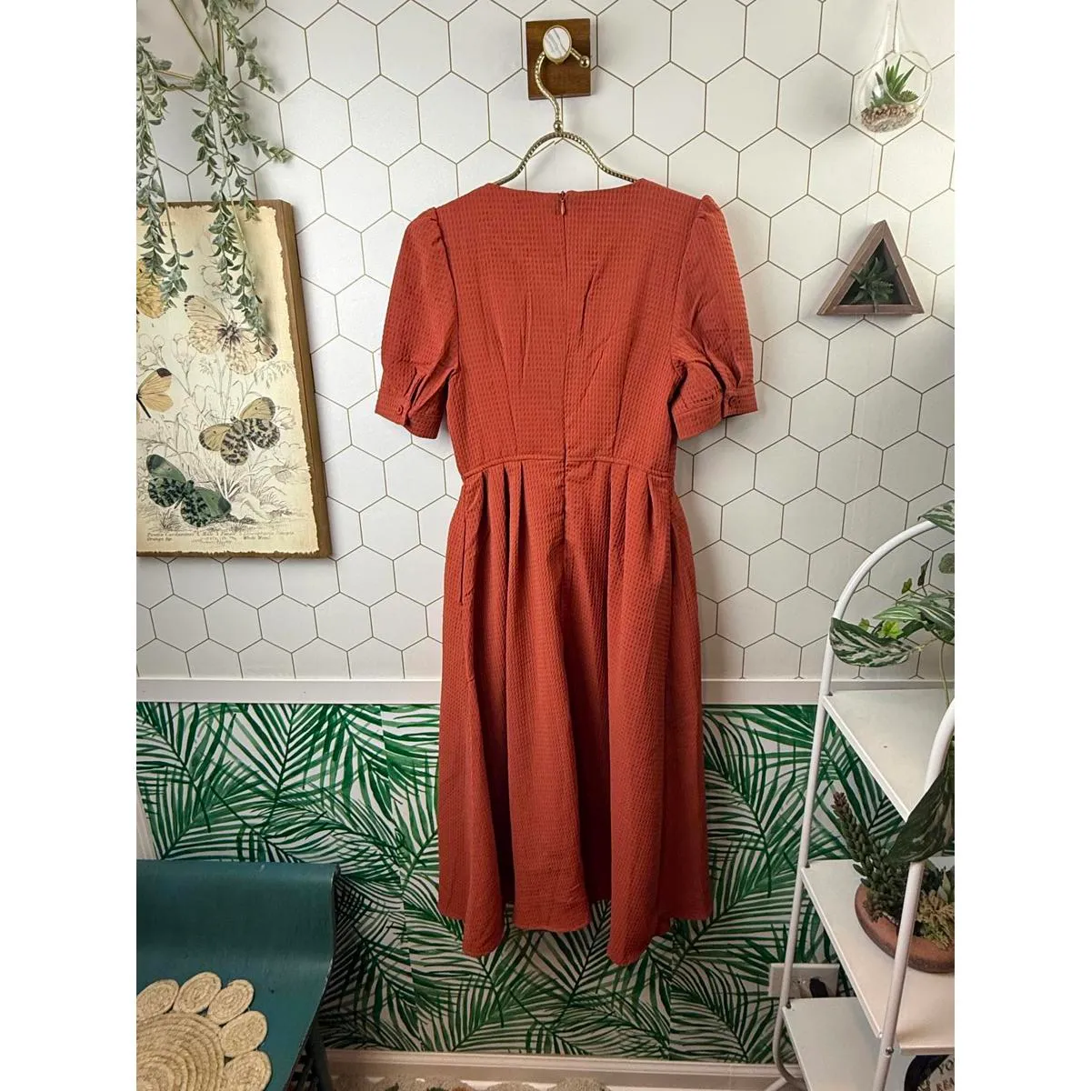 Fanpn Rust Orange Imported Midi Dress with Puff Sleeves - Image 3