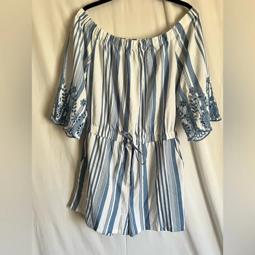 Style House  Blue and White Striped Off-Shoulder Jumpsuit Romper with Pockets - Image 4