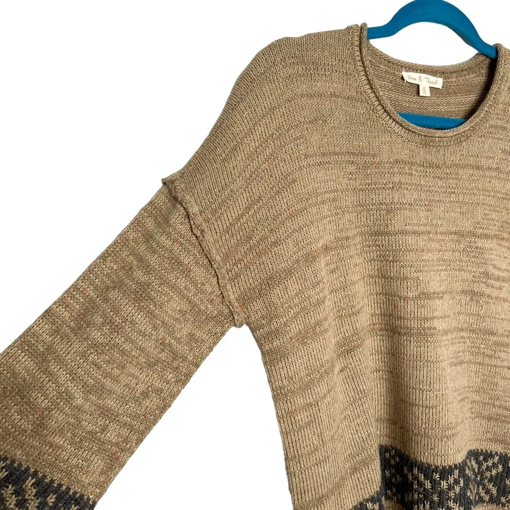 Hem & Thread Tan Knit Gray Fair Isle Stripe 3/4 Length Sleeve Sweater - Image 2