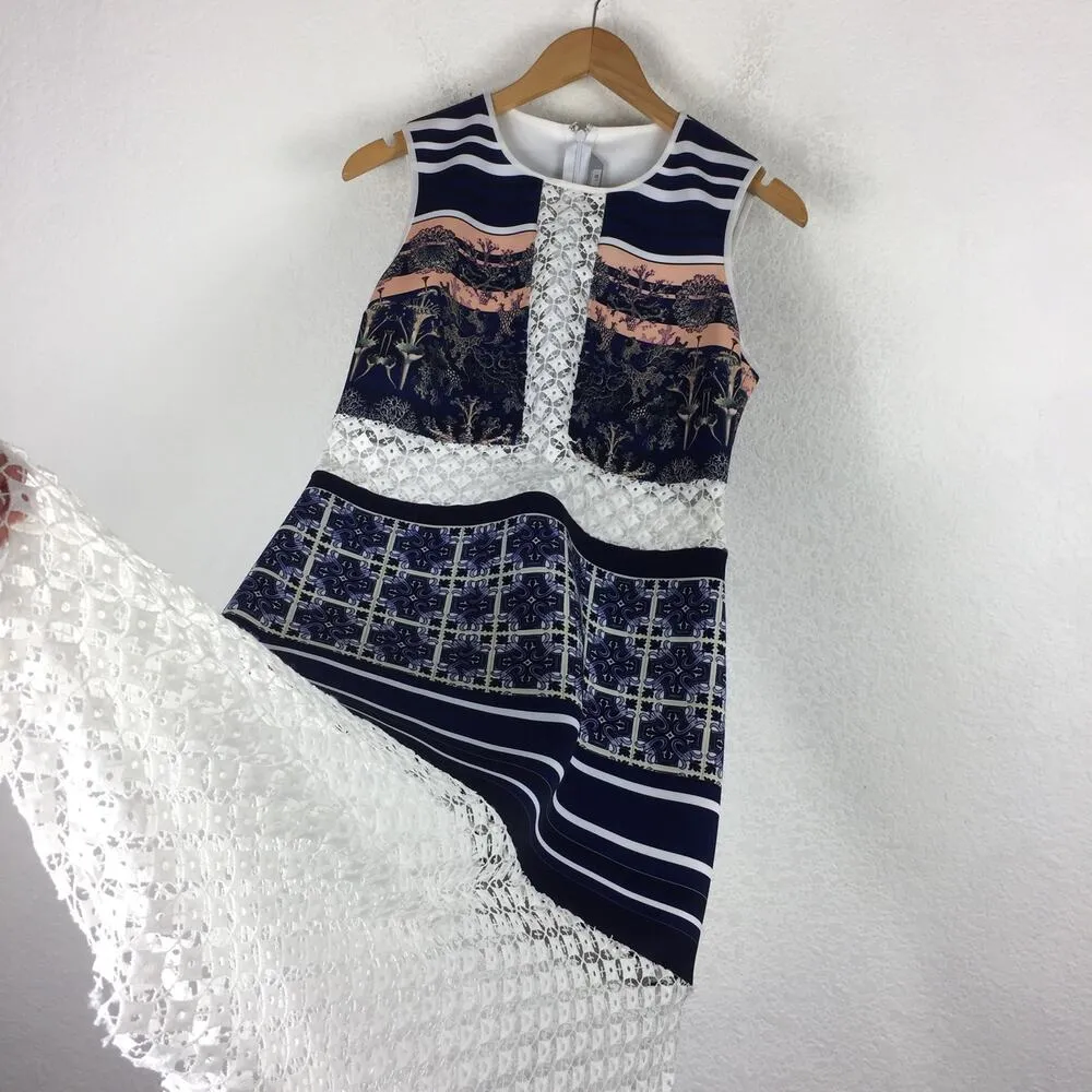 Clover Canyon Lace Inset Neoprene Marine Garden Floral Midi Dress Large Cocktail - Image 12