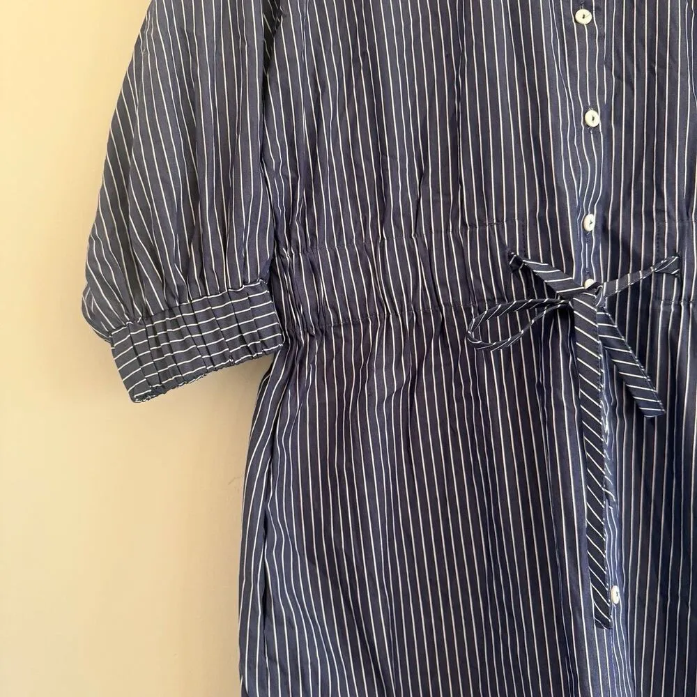 ZARA Striped Belted Midi Shirt Dress M Navy Cream Button Front cnasual women - Image 8
