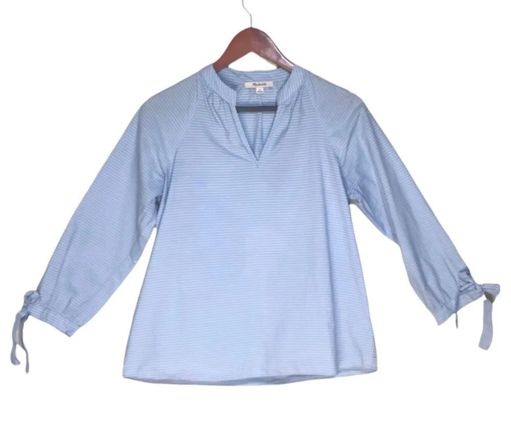 Madewell Light Blue & White Striped Tie-Sleeve Peasant Popover Blouse Top - Image 4