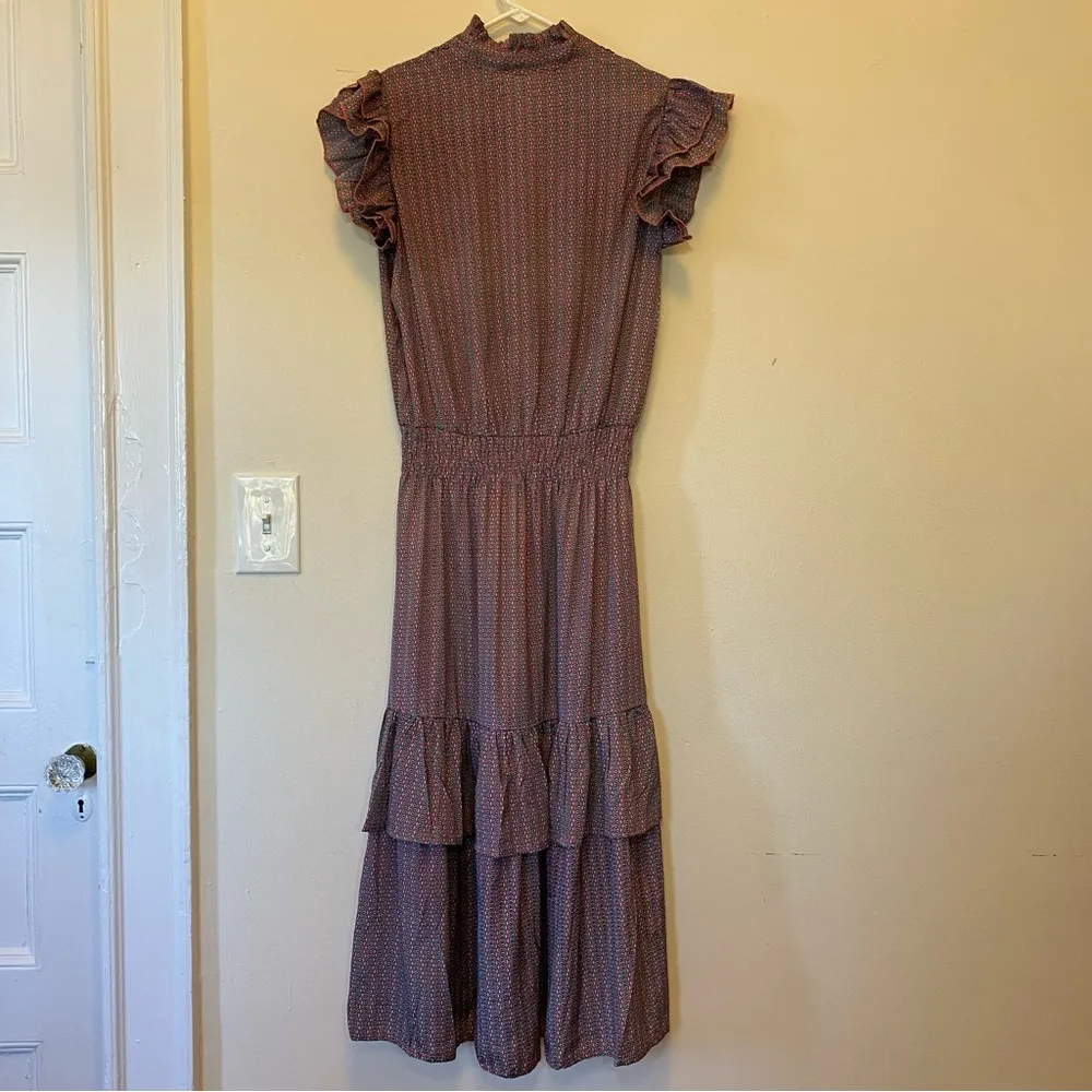 Perry Walker | Cornelia II Ruffle Sleeve Tiered Midi Dress Silk Pink/Blue Sz 6/8 Pink - Image 10