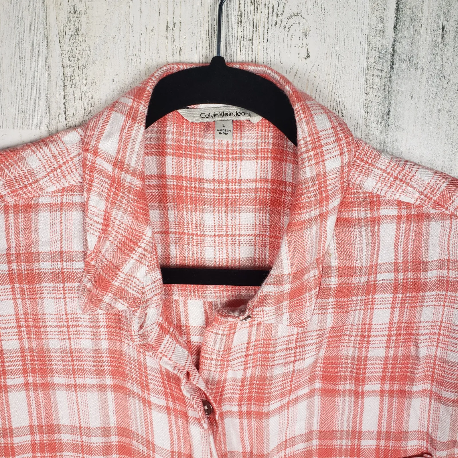 Calvin Klein Jeans Coral Orange Plaid Long Sleeve Button Down Shirt Size Large - Image 2