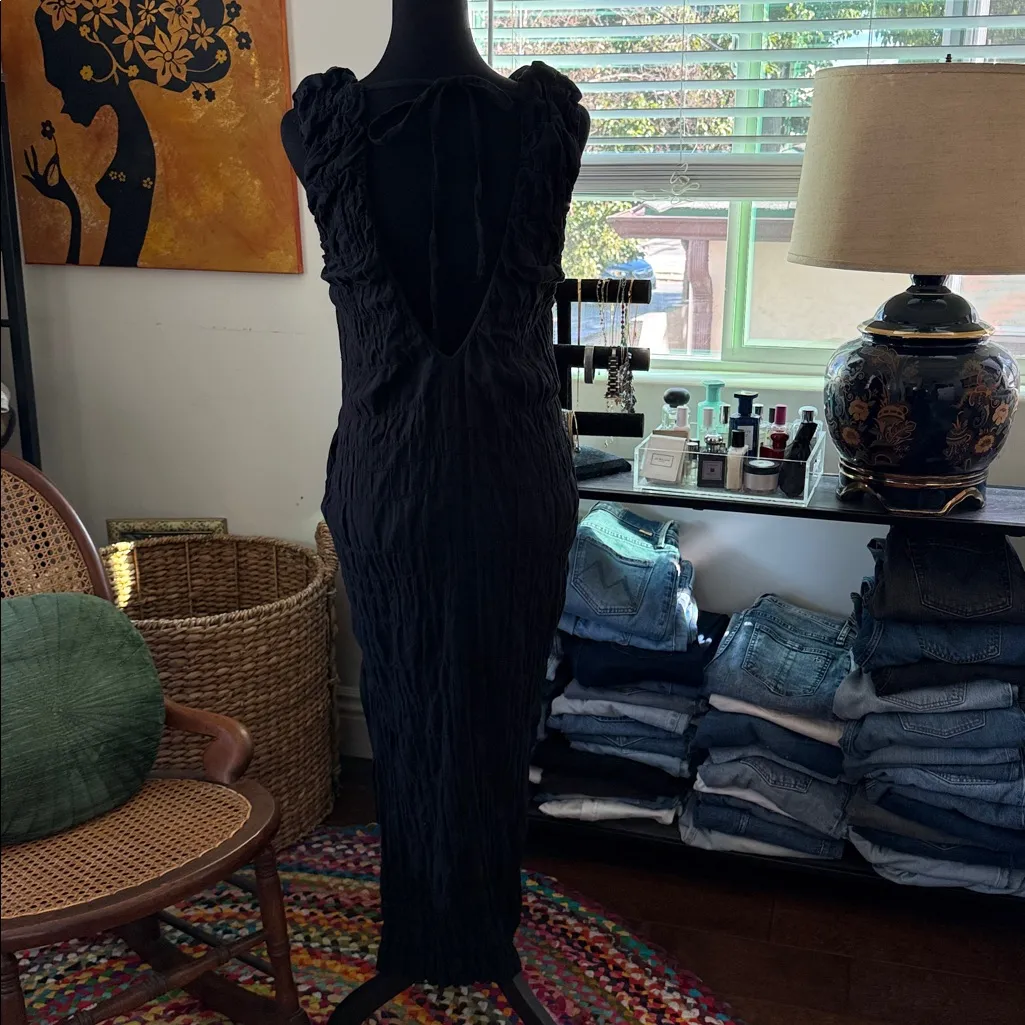 Free People Black Agatha Crinkle Cotton Side Slit Midi Maxi Dress - Image 4