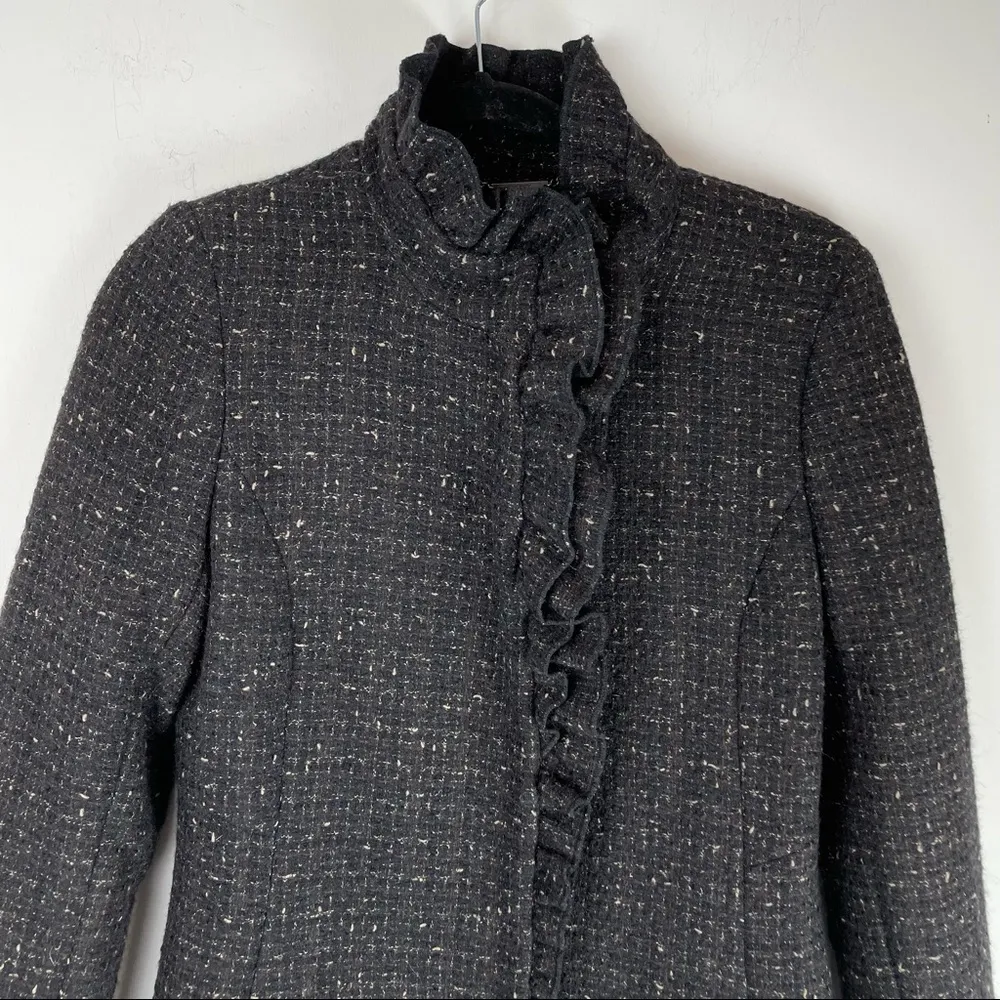 DKNY Black Brown Tweed Wool Ruffle Longline Coat Jacket Sz 4 - Image 3
