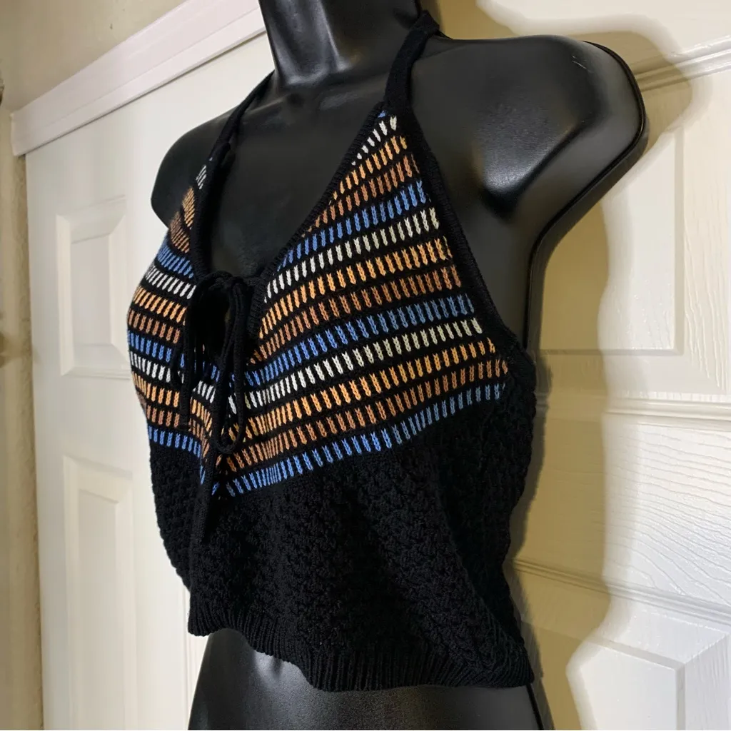 Arizona Jean Co Black and Blue Crochet Striped Crop Halter Top - Image 2