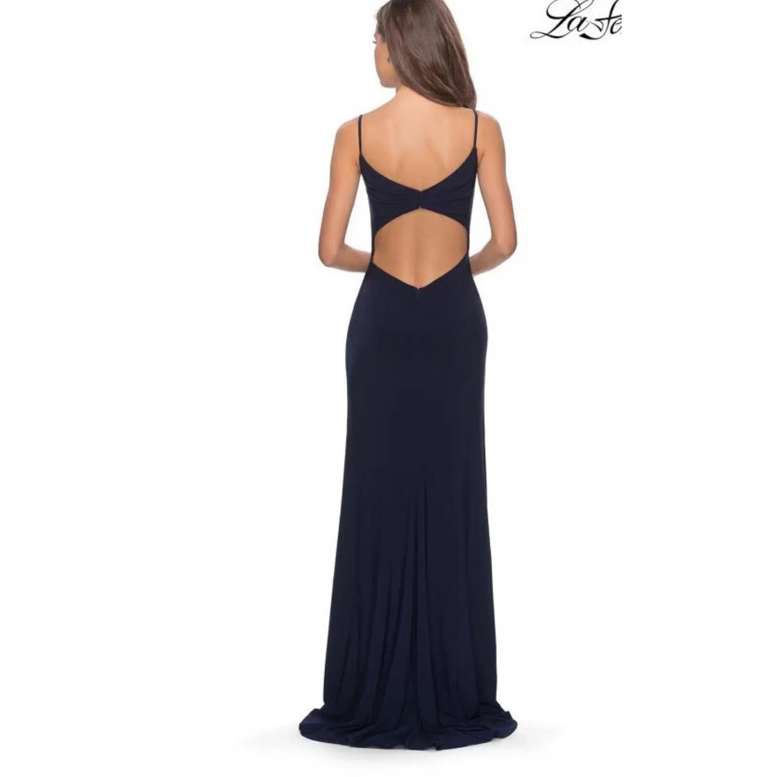 New La Femme 28079 Side wrap Jersey Gown In Navy‎ Size 2 Cutout Back - Image 2