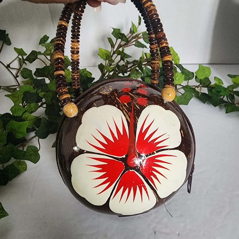 Hand Painted Flower Coconut Bag Purse White - Image 3
