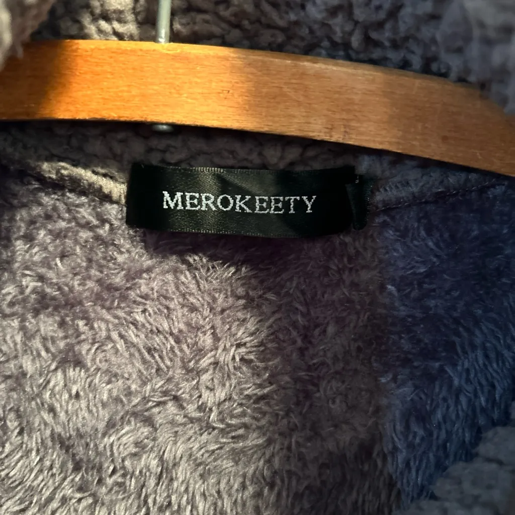 Merokeety Women’s Retro Deep Pile Teddy Bear Sherpa Fleece Jacket, Gray Sz Med - Image 2