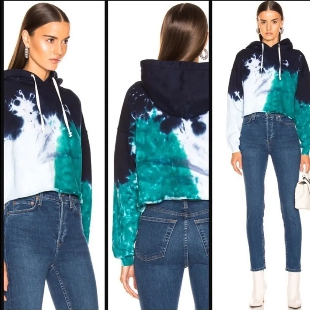 Re/Done Originals Cropped Cotton Hoodie Teal Tie-Dye Size Small - Image 3