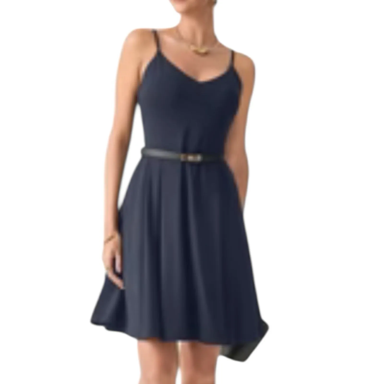 NWT OGL Navy Blue Bamboo V Neck Fit & Flare Mini Brami Dress Pockets Size Medium - Image 4