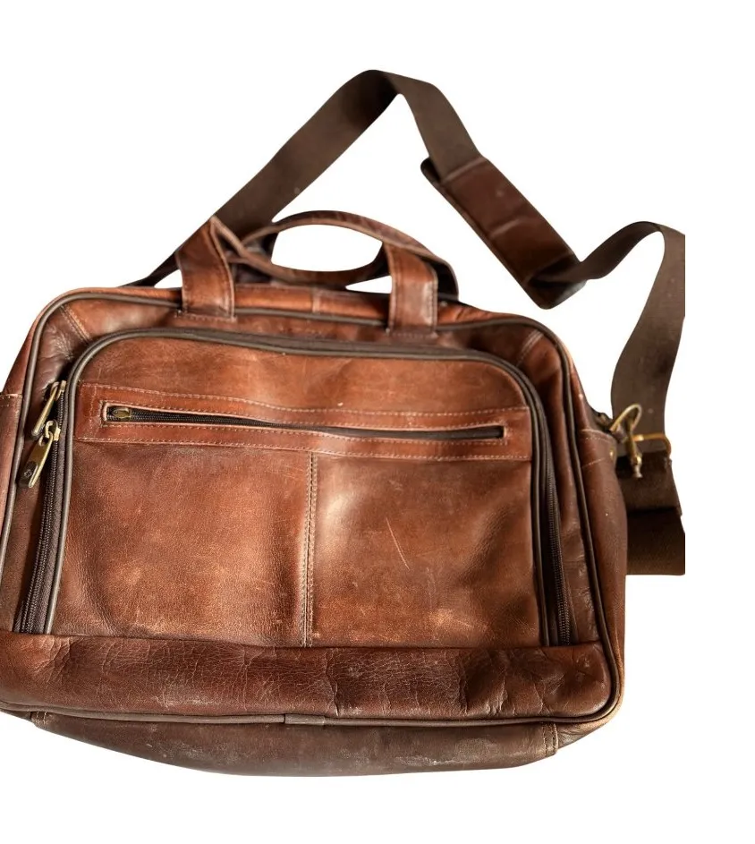 Vintage Brown Samsonite Leather Laptop Bag 12"x16" With Adjustable Strap & Multi - Image 1